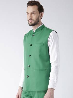 Green Plain Polyester Nehru Jacket 3