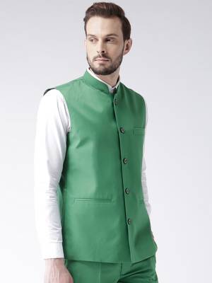 Green Plain Polyester Nehru Jacket 4