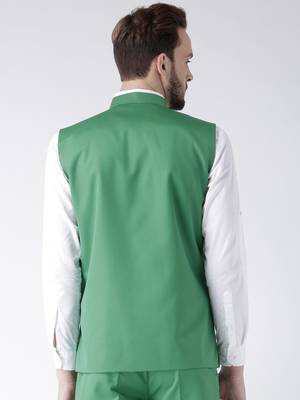 Green Plain Polyester Nehru Jacket 5
