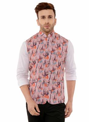 Pink Printed Polyester Nehru Jacket 1