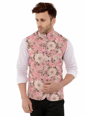 Pink Printed Polyester Nehru Jacket 1
