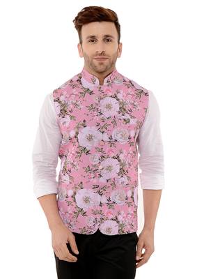 Pink Printed Polyester Nehru Jacket 1