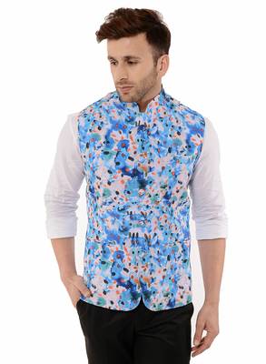 Blue Printed Polyester Nehru Jacket 1