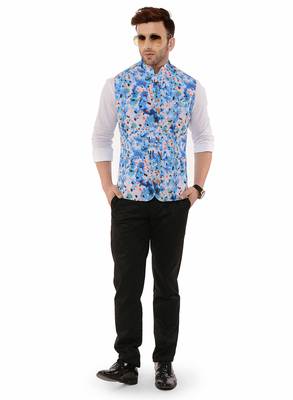 Blue Printed Polyester Nehru Jacket 2