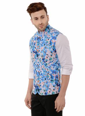 Blue Printed Polyester Nehru Jacket 3
