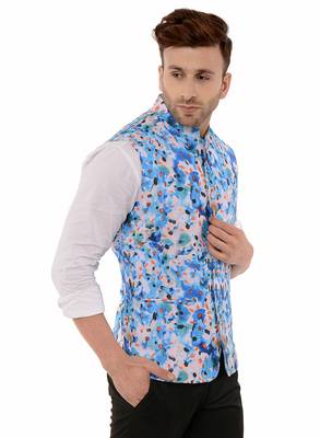 Blue Printed Polyester Nehru Jacket 4