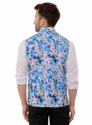 Blue Printed Polyester Nehru Jacket 5