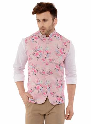 Pink Printed Polyester Nehru Jacket 1