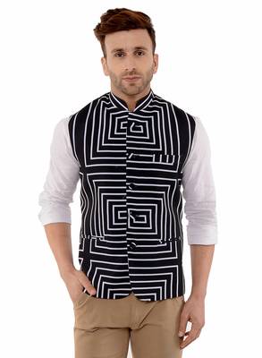 Black Printed Polyester Nehru Jacket 1