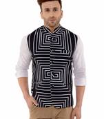 Black Printed Polyester Nehru Jacket