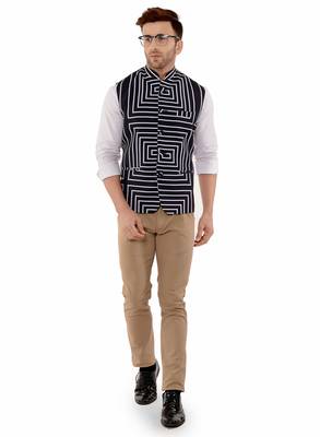 Black Printed Polyester Nehru Jacket 2