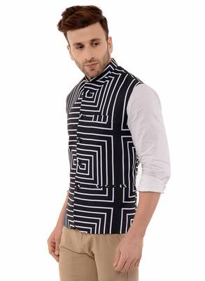 Black Printed Polyester Nehru Jacket 3