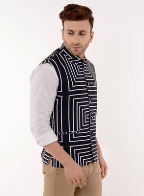 Black Printed Polyester Nehru Jacket 4