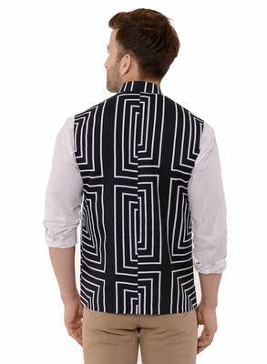 Black Printed Polyester Nehru Jacket 5