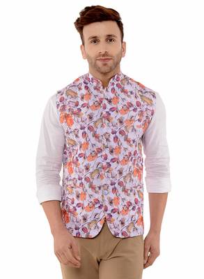 White Printed Polyester Nehru Jacket 1