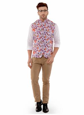 White Printed Polyester Nehru Jacket 2