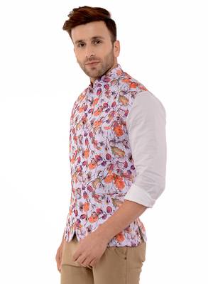 White Printed Polyester Nehru Jacket 3