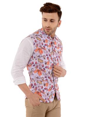 White Printed Polyester Nehru Jacket 4