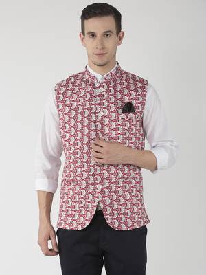 Red Printed Polyester Nehru Jacket 1