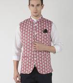 Red Printed Polyester Nehru Jacket