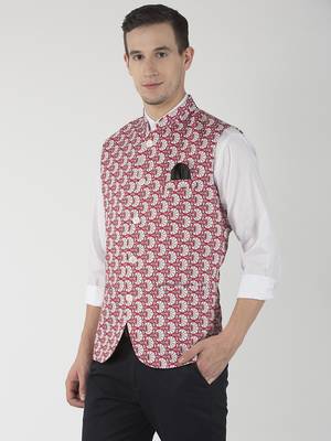 Red Printed Polyester Nehru Jacket 2