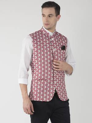 Red Printed Polyester Nehru Jacket 3