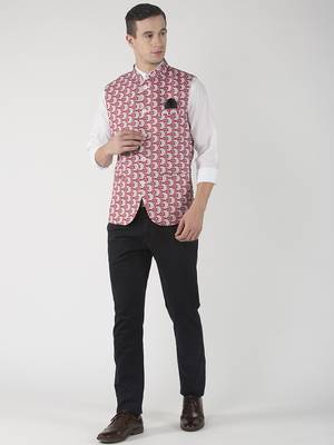 Red Printed Polyester Nehru Jacket 4