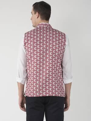 Red Printed Polyester Nehru Jacket 5