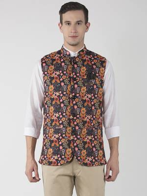 Black Printed Polyester Nehru Jacket 1
