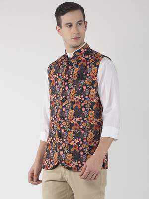 Black Printed Polyester Nehru Jacket 2