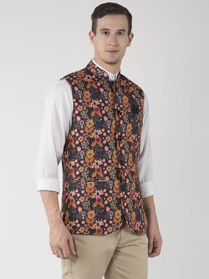 Black Printed Polyester Nehru Jacket 3