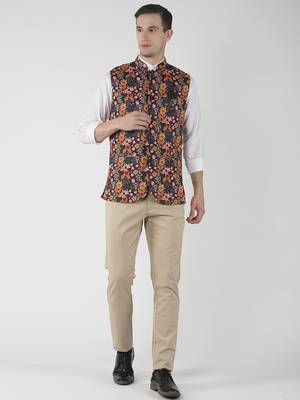 Black Printed Polyester Nehru Jacket 4