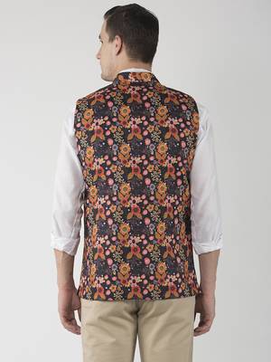 Black Printed Polyester Nehru Jacket 5