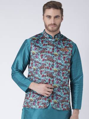 Turquoise Printed Polyester Nehru Jacket 1