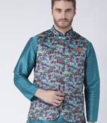 Turquoise Printed Polyester Nehru Jacket
