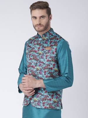 Turquoise Printed Polyester Nehru Jacket 2