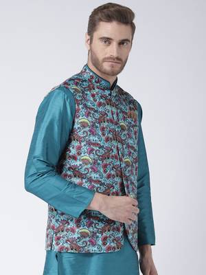 Turquoise Printed Polyester Nehru Jacket 3