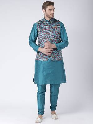 Turquoise Printed Polyester Nehru Jacket 4