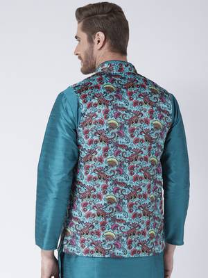 Turquoise Printed Polyester Nehru Jacket 5
