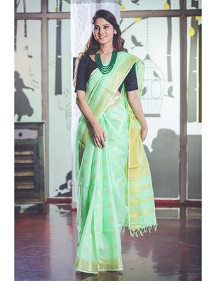 Spring Green Handwoven Linen Saree with Gold Tone Design 1
