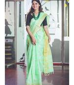 Spring Green Handwoven Linen Saree with Gold Tone Design