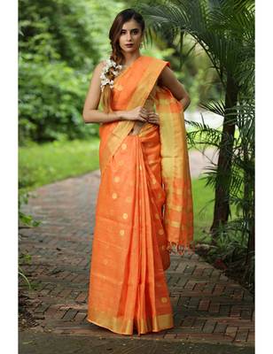 Orange Handwoven Linen Saree with Golden Zari Border 1