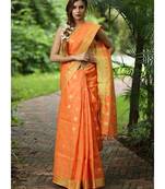 Orange Handwoven Linen Saree with Golden Zari Border