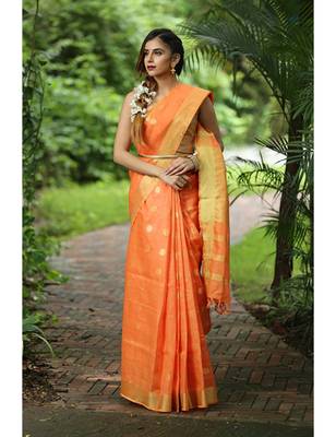 Orange Handwoven Linen Saree with Golden Zari Border 2