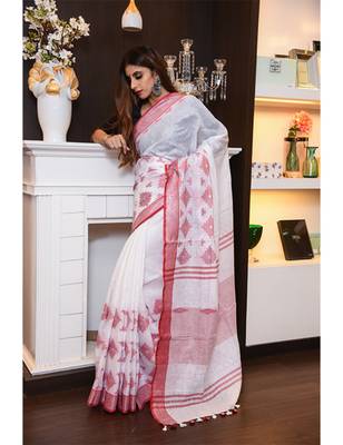 White Handwoven Linen Saree 1