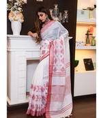 White Handwoven Linen Saree