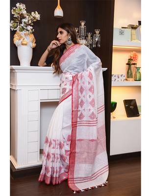 White Handwoven Linen Saree 2