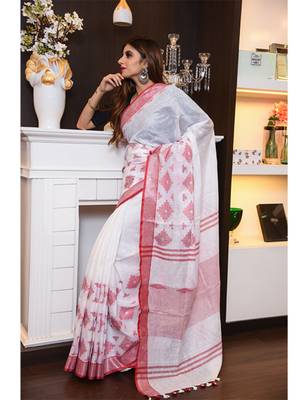 White Handwoven Linen Saree 3