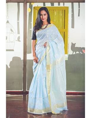 Blue Handwoven Linen Saree 3