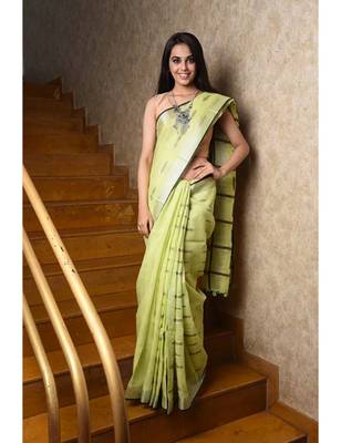 Light Lime Green Color Handwoven Linen Saree 1